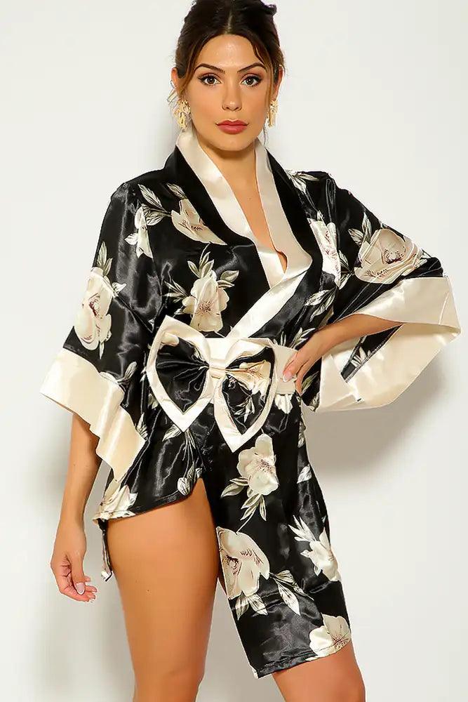 Black White Sexy Floral Print Traditional Japanese Kimono 3pc Sexy Costume