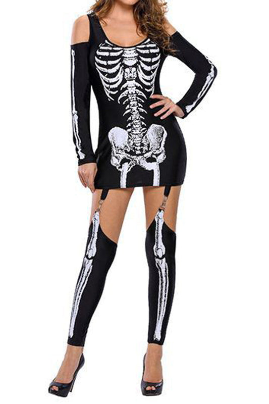 Black White Skeleton Cold Shoulders Leg Warmer 3 Pc Costume