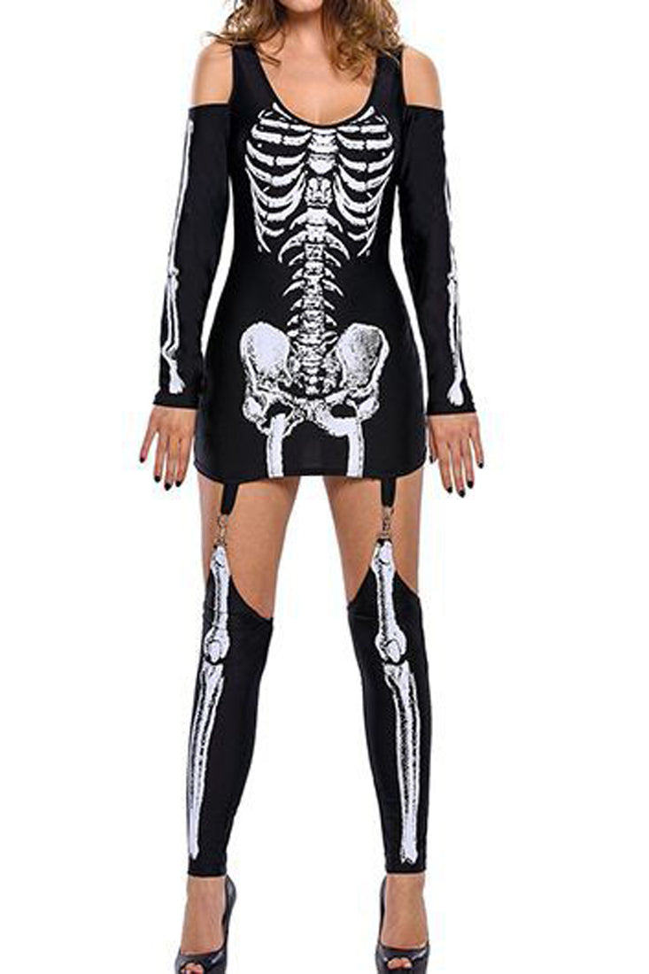 Black White Skeleton Cold Shoulders Leg Warmer 3 Pc Costume