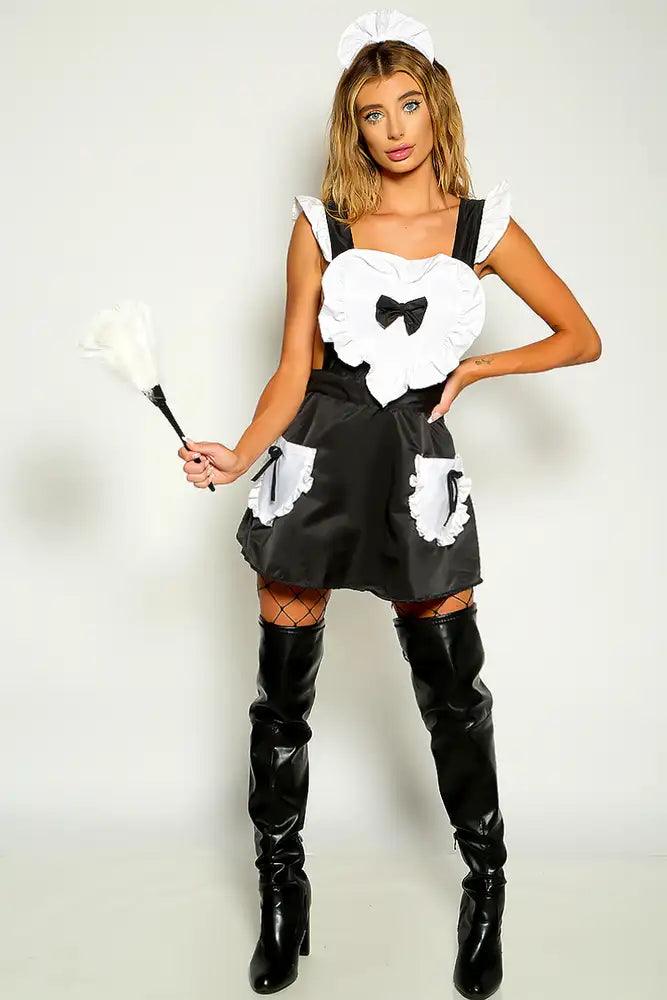 Black White Sleeveless Apron Style Maid Two Piece Costume - Babewear