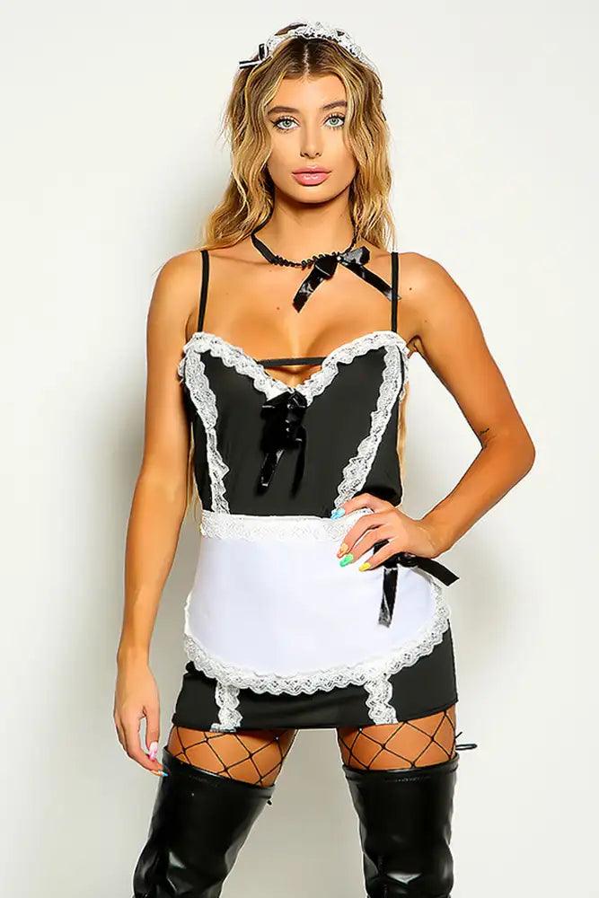 Black White Sleeveless Lace Trim Maid 4 Piece Costume - Babewear