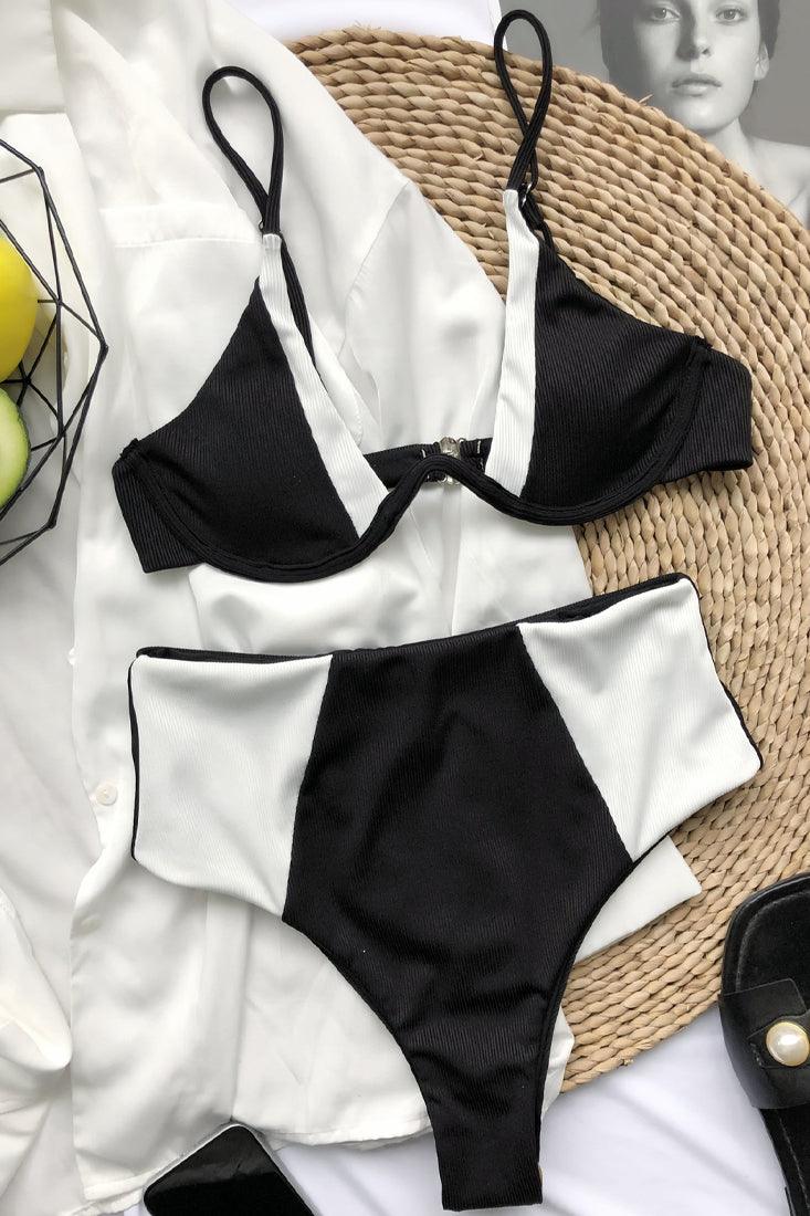 Black White Underwire Bikini Top High Waisted 2 Pc Swimsuit