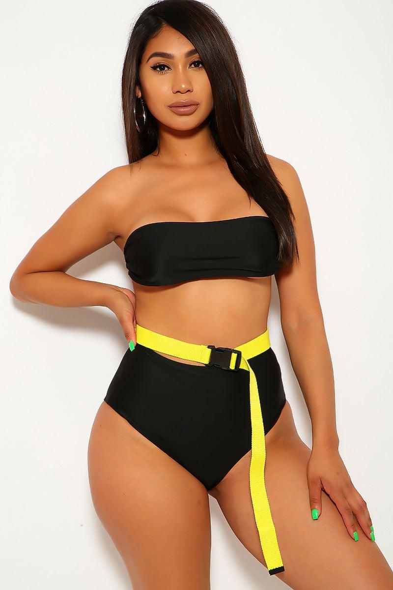 Black Yellow High Waist Three Piece Swimsuit Set