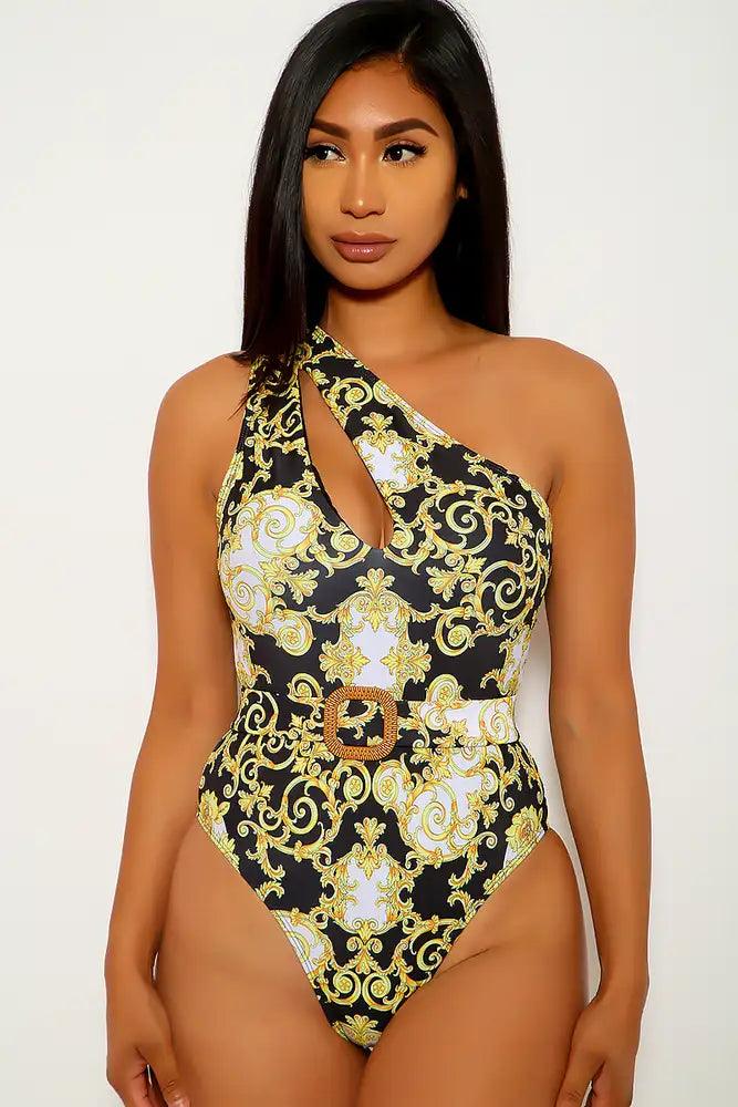 Black Yellow Printed One Piece Swimsuit - Babewear