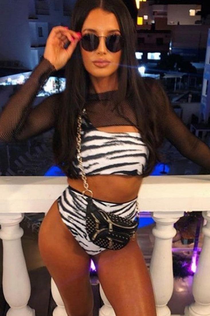 Black Zebra Print Netted One Shoulder Three Piece Sexy Swimsuit