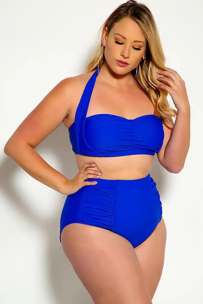 Blue Bold Halter Top Ruched High Waist Two Piece Swimsuit Plus