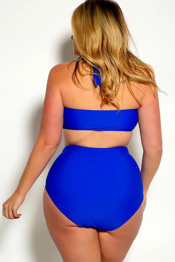 Blue Bold Halter Top Ruched High Waist Two Piece Swimsuit Plus