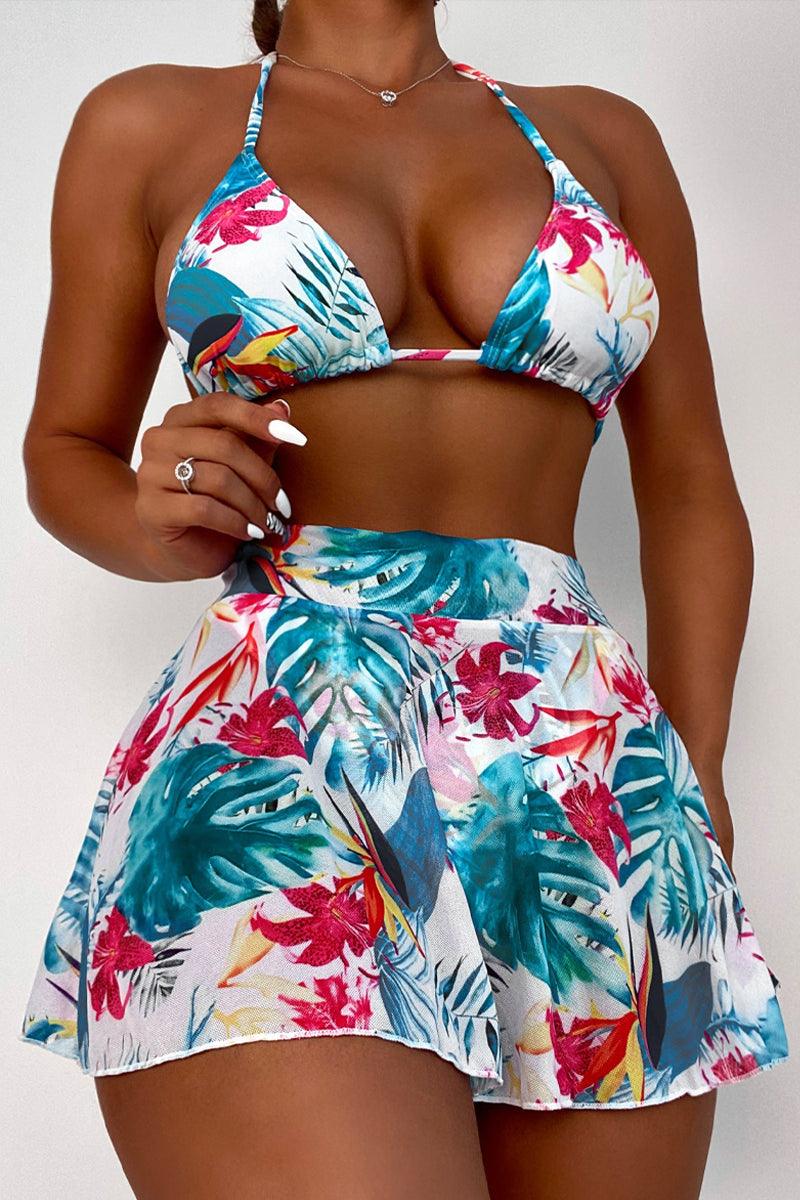 Blue Floral Print Cheeky Three Piece Swimsuit