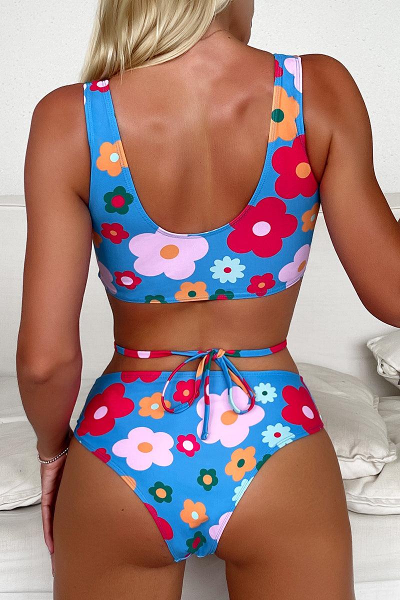 Blue Floral Print Strappy Sexy Two Piece Swimsuit