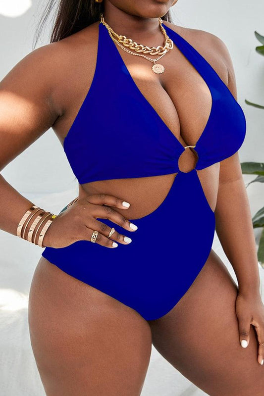 Blue O-Ring Halter One Piece Plus Size Swimsuit