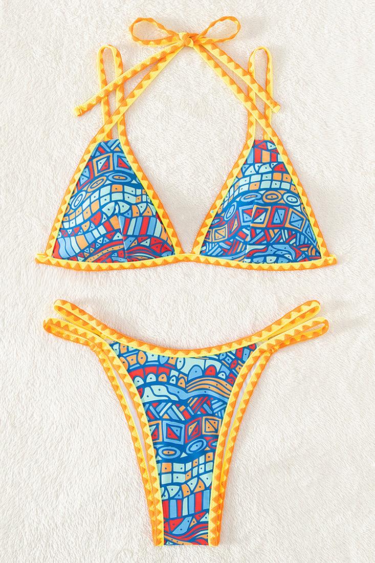 Blue Print Orange Crochet Trim Triangle Cheeky 2Pc Swimsuit Set Micro Bikini