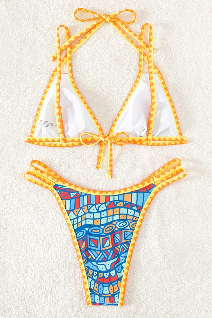 Blue Print Orange Crochet Trim Triangle Cheeky 2Pc Swimsuit Set Micro Bikini