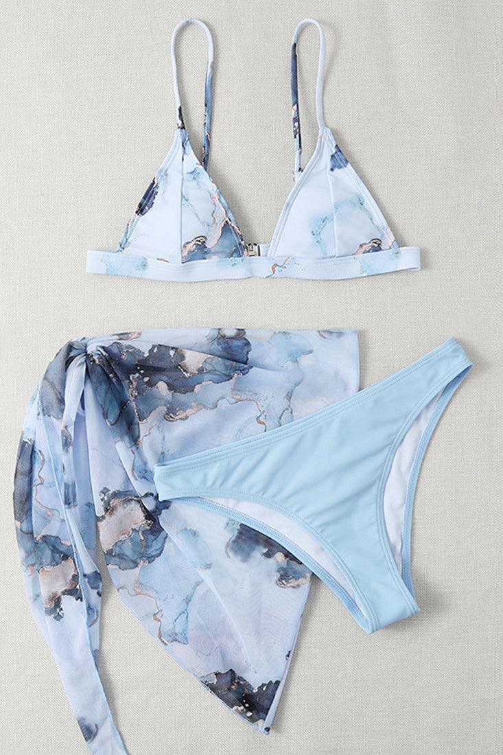 Blue Printed Mesh Three Piece Swimsuit