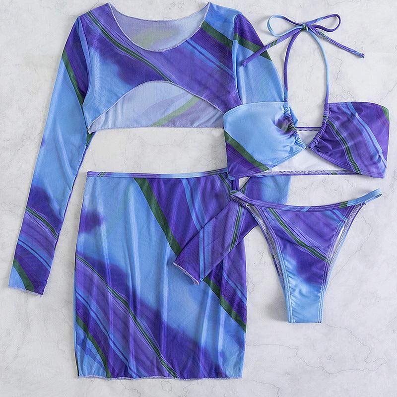 Blue Printed Strappy 4 Piece Swimsuit Set