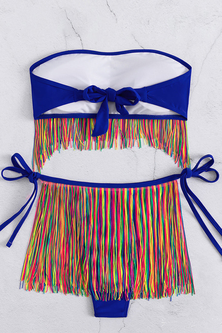 Blue Rainbow Fringe Strapless 2pc Cheeky Swimsuit Bikini