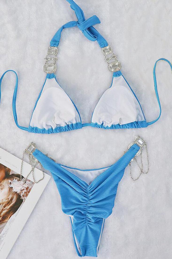 Blue Rhinestone Gem Ruched Halter Cheeky 2 Pc Swimsuit