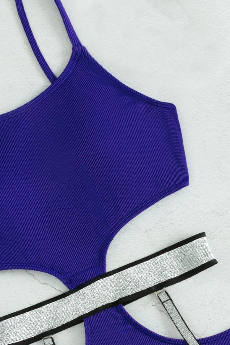 Blue Silver Shimmery Cut Out Sexy One Piece Swimsuit