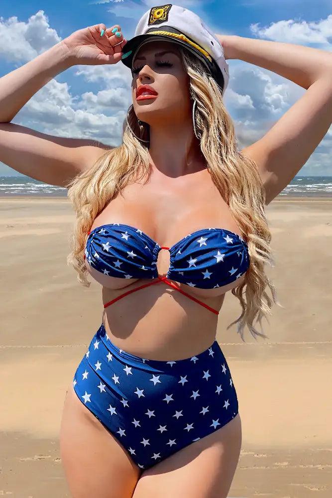 Blue Star Print Red Strappy High Waist Two Piece Sexy Swimsuit