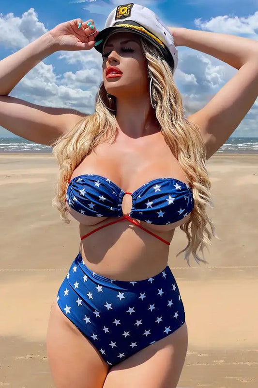 Blue Star Print Red Strappy High Waist Two Piece Sexy Swimsuit