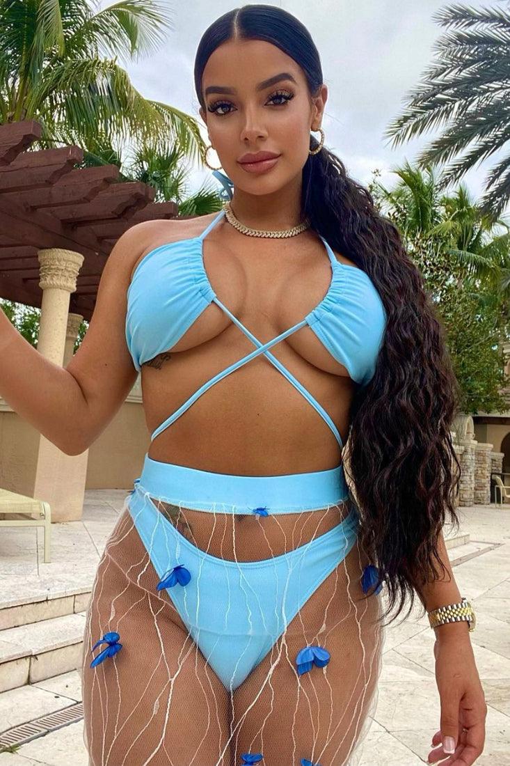 Blue Strappy Butterfly Mesh Cheeky Sexy Three Piece Swimsuit