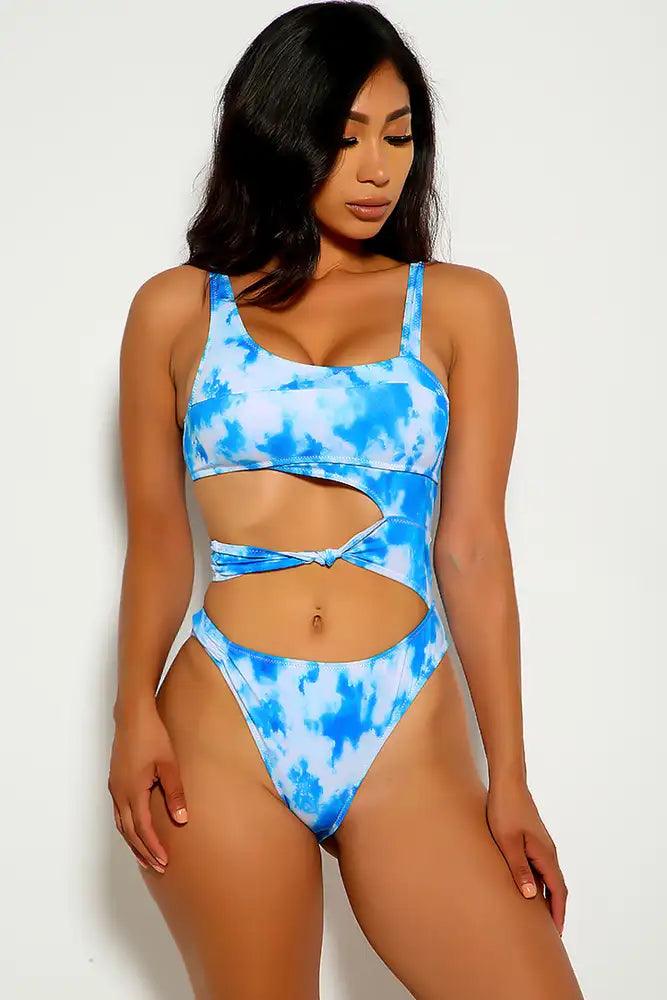 Blue White Cut Out Tie Dye Two Piece Swimsuit - Babewear