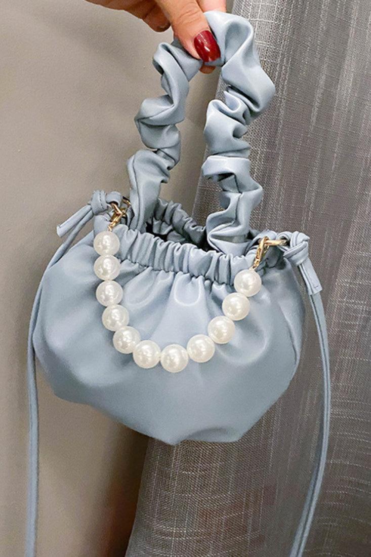 Blue White Faux Pearl Ruched Mini Handbag