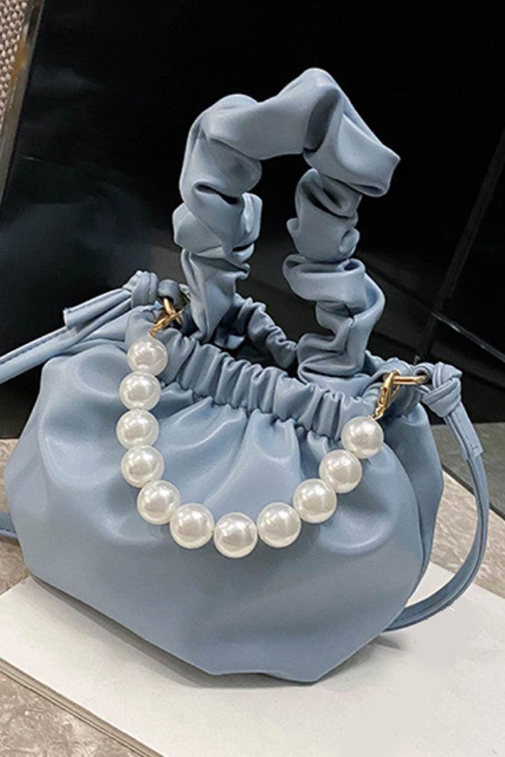 Blue White Faux Pearl Ruched Mini Handbag