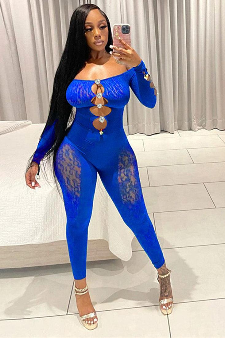 Sexy Royal Blue Stretchy Mesh Rhinestone Button Bodysuit Jumpsuit