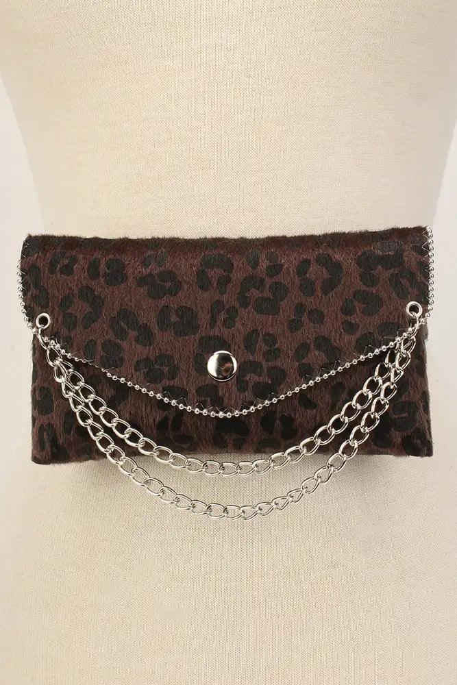 Brown Leopard Chained Short Hair Faux Fur Fanny Pack - Babewear