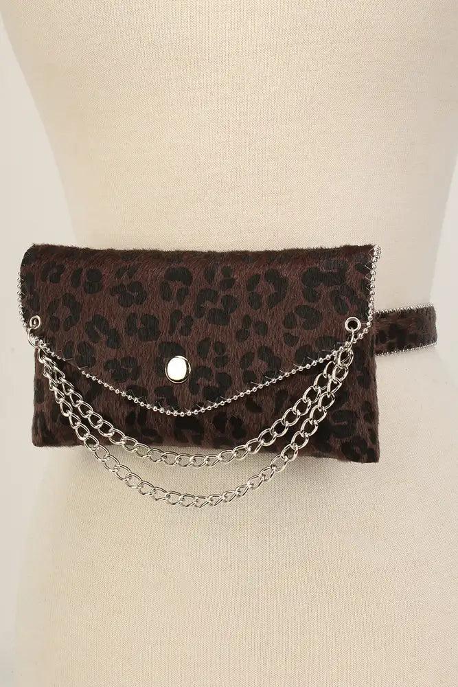 Brown Leopard Chained Short Hair Faux Fur Fanny Pack