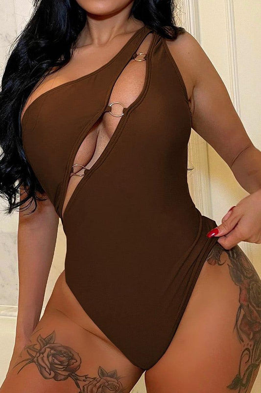 Brown O-Ring Cut Out Sexy One Piece Swimsuit