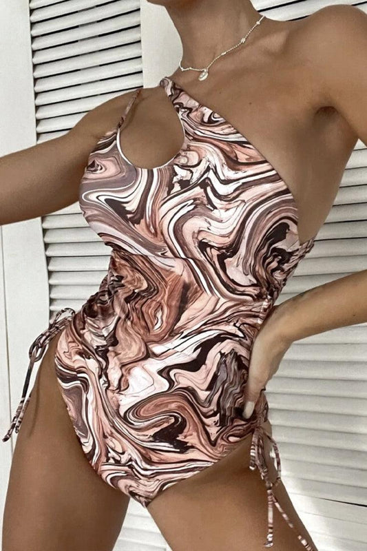 Brown Printed One Shoulder Sexy One Piece Swimsuit