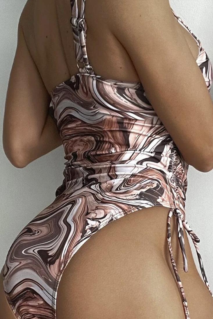 Brown Printed One Shoulder Sexy One Piece Swimsuit