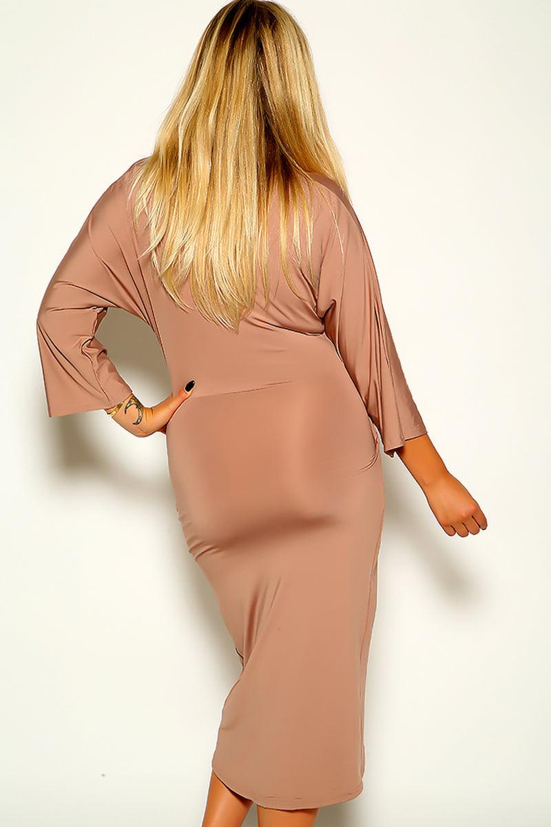 Brown V-Cut Sexy Plus Size Dress