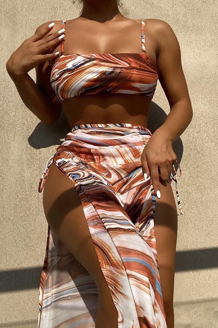 Brown White Printed Sexy Three Piece Swimsuit