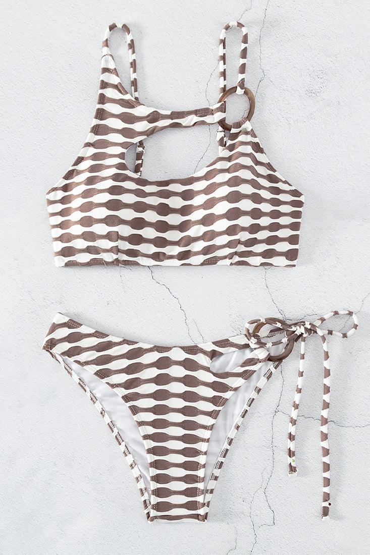 Brown White Textured O-Ring Sexy Tie Cut-Out 2Pc Swimsuit Bikini