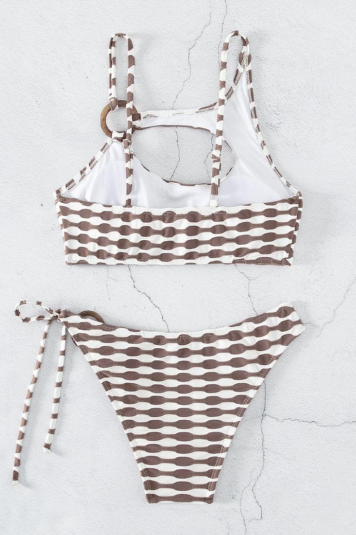 Brown White Textured O-Ring Sexy Tie Cut-Out 2Pc Swimsuit Bikini