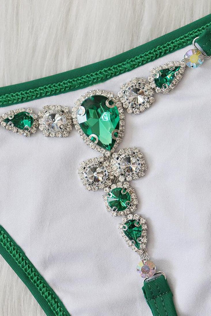 Green Rhinestone Accent Halter Sexy Thong Two Piece Sexy Swimsuit Bikini