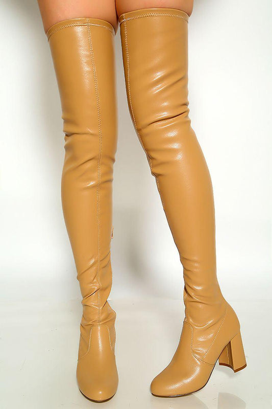 Camel Round Toe Faux Leather Thigh High Boots Chunky Heel