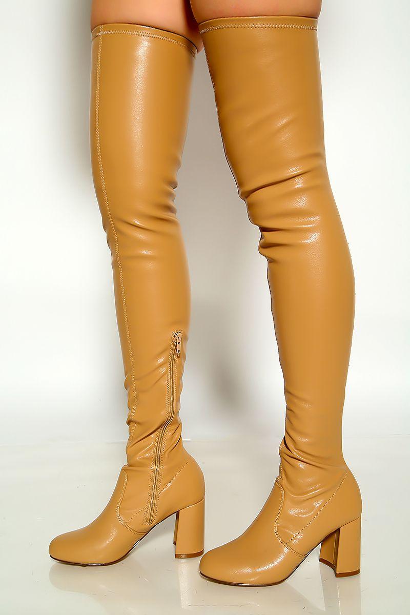 Camel Round Toe Faux Leather Thigh High Boots Chunky Heel