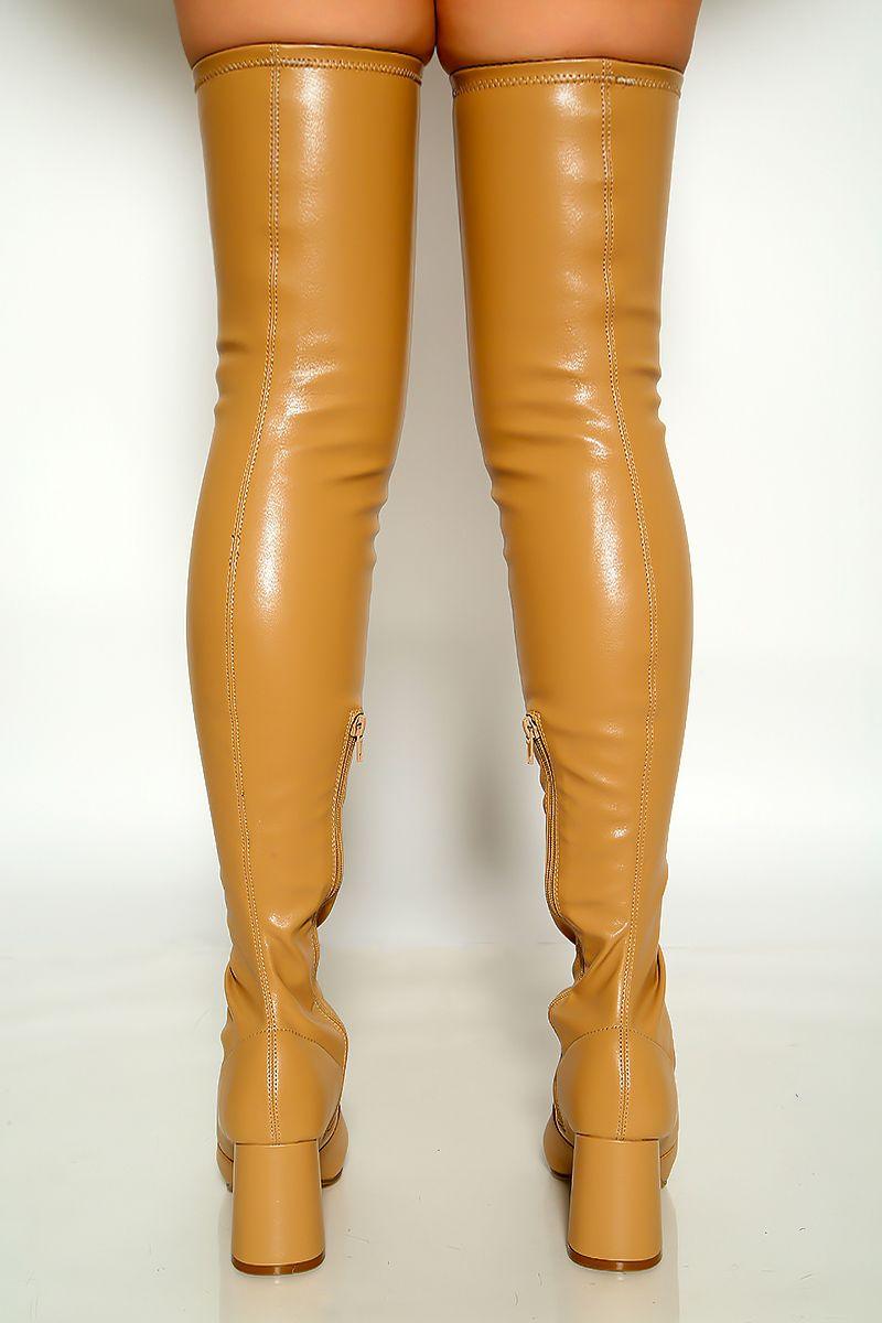 Camel Round Toe Faux Leather Thigh High Boots Chunky Heel