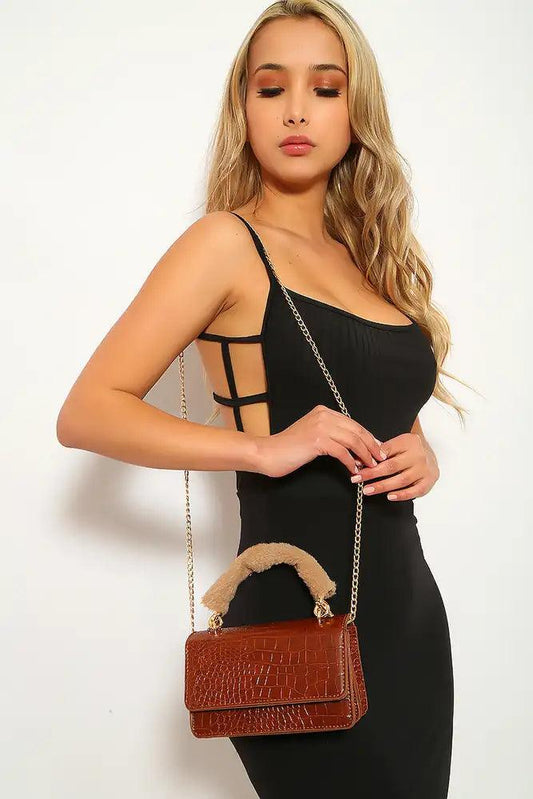 Camel Snake Print Faux Fur Handbag - Babewear