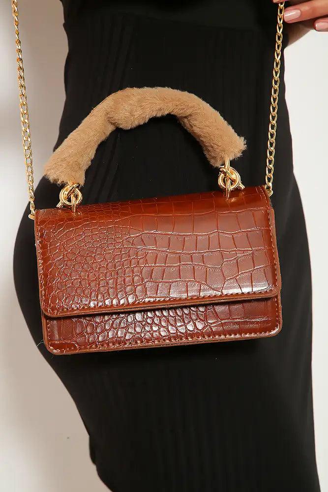 Camel Snake Print Faux Fur Handbag