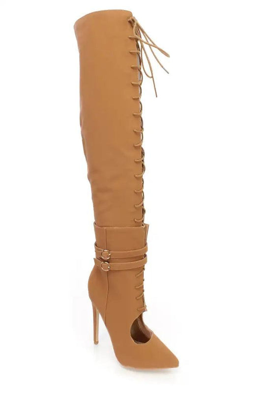 Camel Thigh High Lace Up High Heel Boots Nubuck