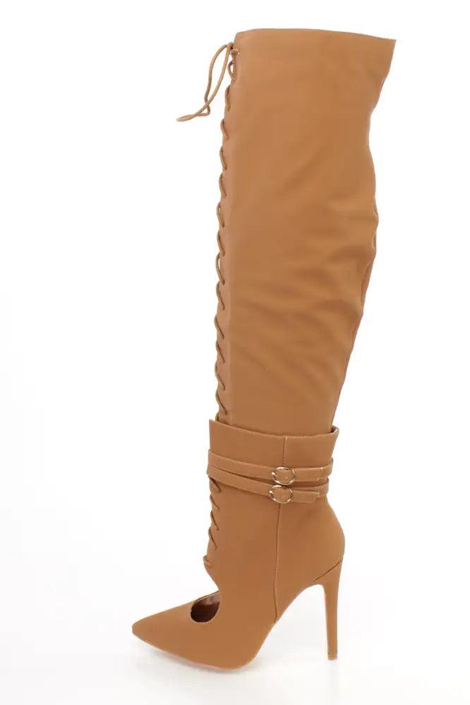 Camel Thigh High Lace Up High Heel Boots Nubuck