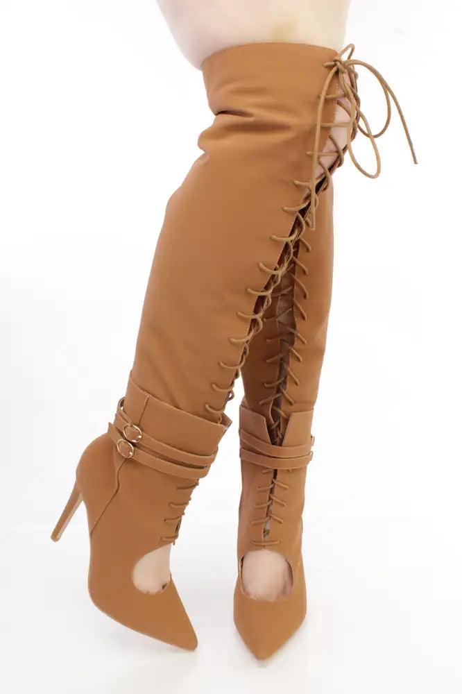 Camel Thigh High Lace Up High Heel Boots Nubuck