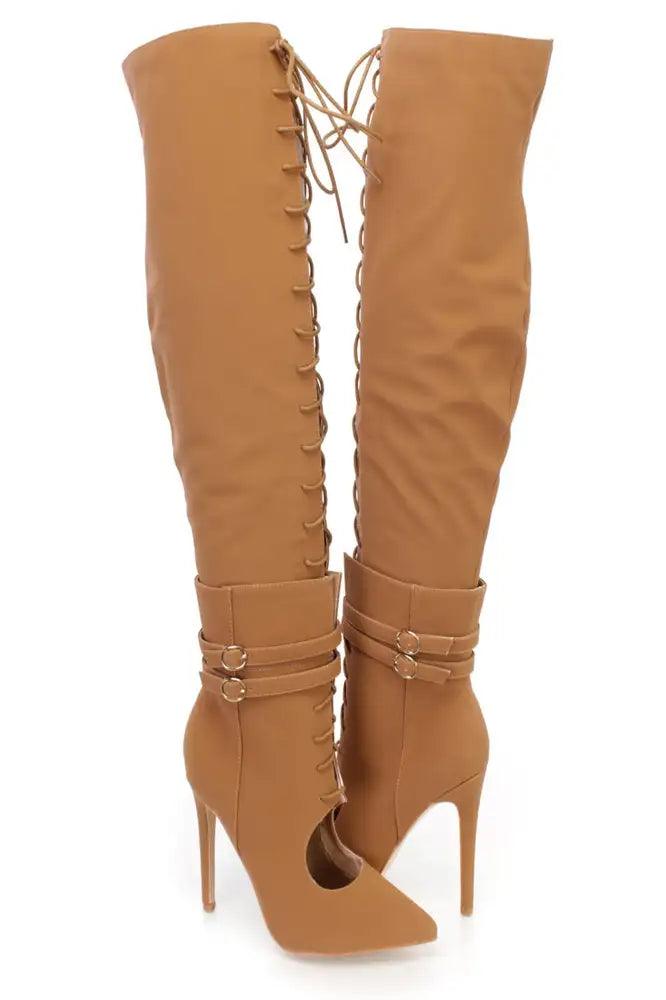 Camel Thigh High Lace Up High Heel Boots Nubuck - Babewear