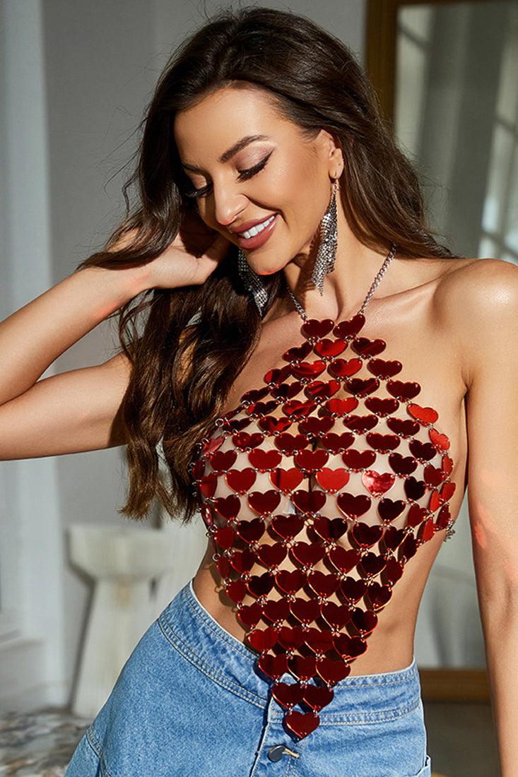 Red Heart Shape Coin Chain Halter Sexy Party Top