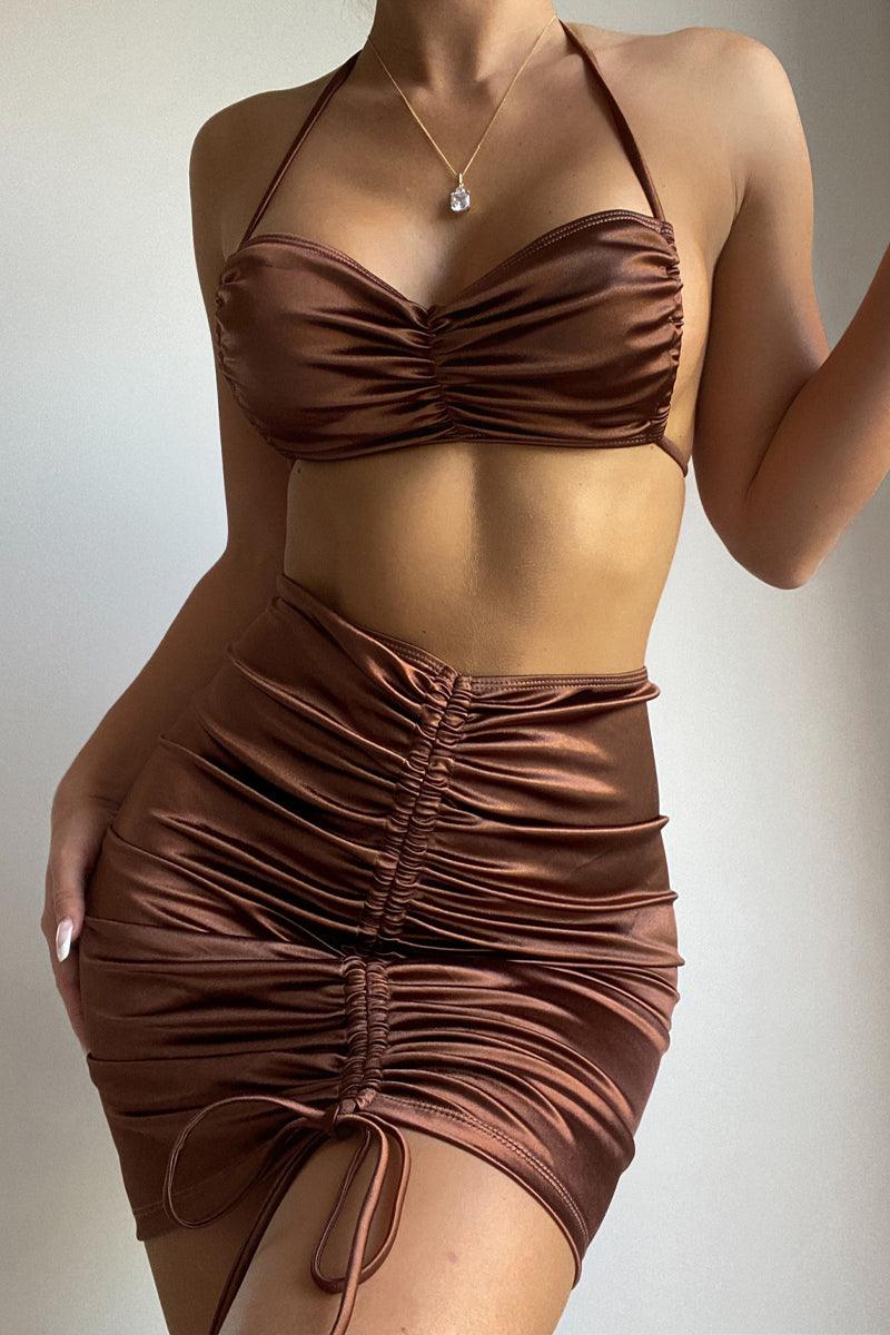 Coffee Satin Cheeky Three Piece Sexy Swimsuit