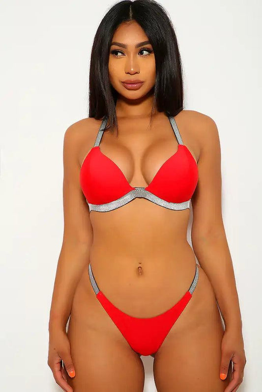 Cute Red Silver Two Piece Swimsuit - Babewear